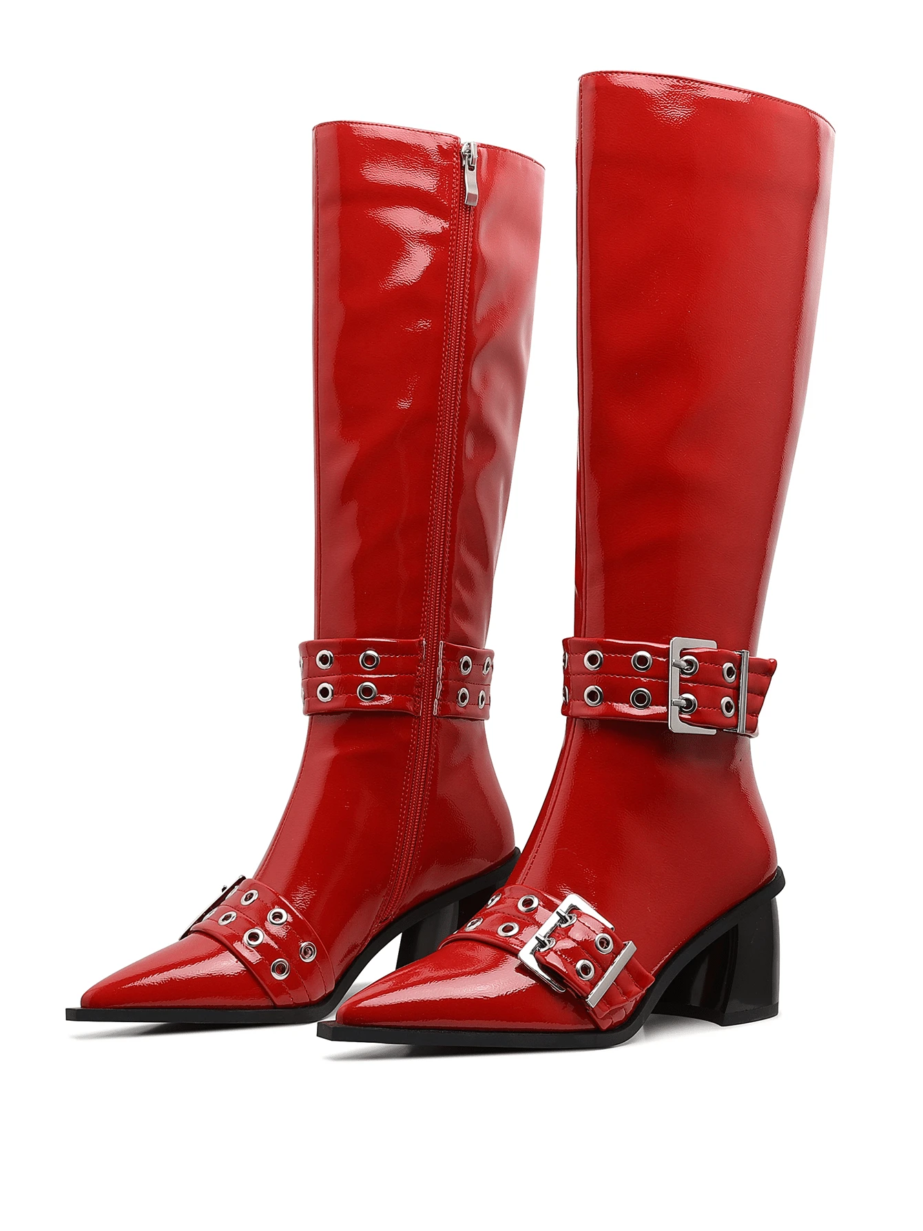 Women's Knee High Heels Boots Pointed Toe Punk Style Buckle Strap Long Boots Y2K Chunky Heels Side Zipper Mid-Calf Boots Halloween Party Long Boots For Women - 紅色 - 查看 1