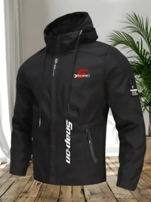 Men's Jacket: Men's Casual Sports Hooded Jacket, American Style Long-Sleeved Hooded Drawstring Pocket Zipper Windproof Jacket, Letter Print Design, Regular Version, Exclusive For Autumn And Winter, Suitable For Daily Outdoor Exercise - 黑色 - 查看 1