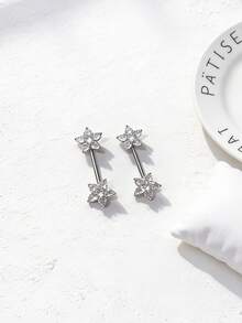 2pcs Elegant Sparkling Cubic Zirconia Heart, Flower, Butterfly, Moon Hoop Earrings, Stainless Steel Barbell Nipple Rings Body Piercing Jewelry - Silver - View 10