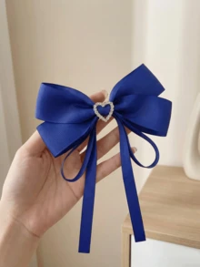 2 Pcs Royal Blue Hair Bows Clips For Women Girls, Large Grosgrain Ribbon Long Tail Bowknots With Sparkly Rhinestone Heart, Aesthetic Hair Accessories For Ponytail, Daily School Party Fashionable On Casual Outings., Claw Clips, Hair Slide, Hair Barrettes - Blue - View 2