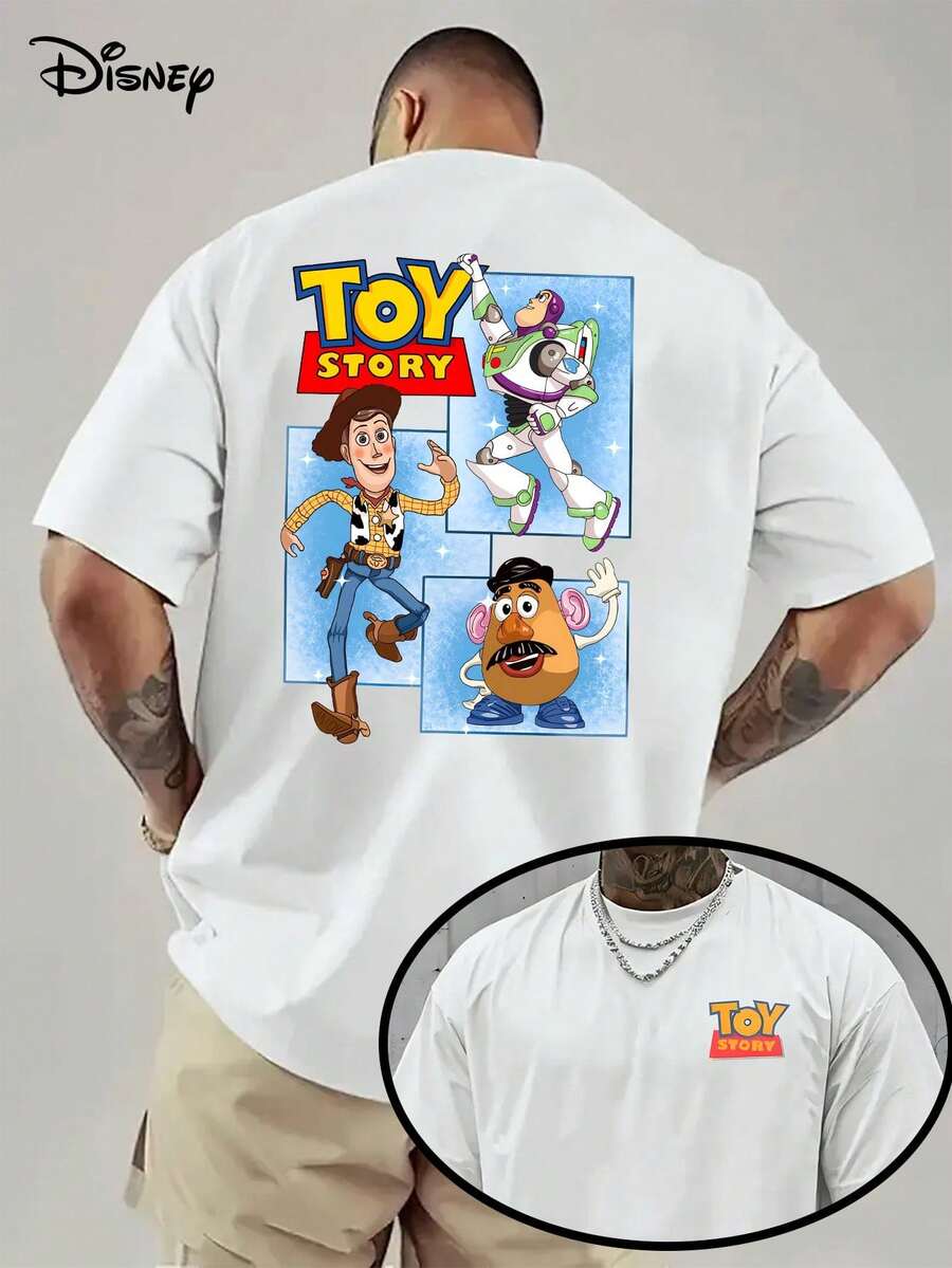 Disney An Official Toy Story Men's T-Shirt, George And Buzz Lightyear, Woody And Mr. Egg Head, With Genuine Adult Costume Printed On The Role Around The Movie Fans. - White - View 1