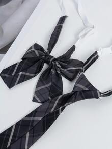 1 Set Classic School Uniform Navy Blue Plaid Tie & Bow Tie Combo - Multicolor - View 3