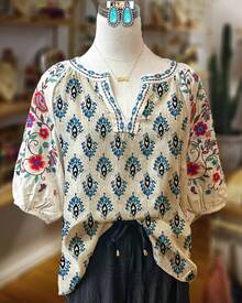 Boho Geometric Print Blouse Women Puff Sleeve V-Neck Casual Top - 多色1 - 查看 1