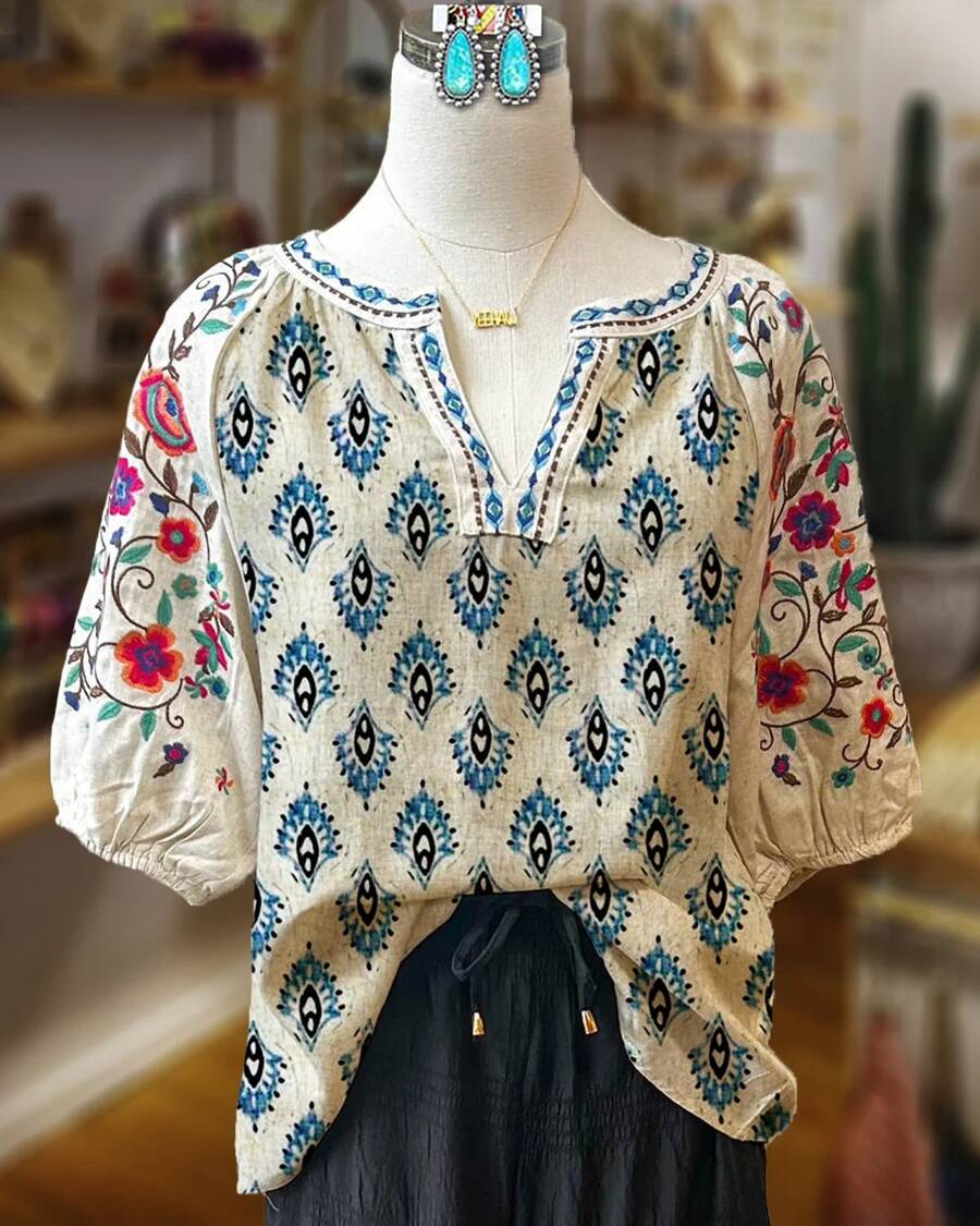 Boho Geometric Print Blouse Women Puff Sleeve V-Neck Casual Top - 多色1 - 查看 1