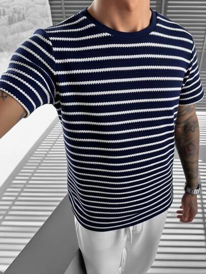  Camiseta de manga corta con estampado de rayas jacquard para hombres GRDR, nueva versión de verano, de una sola pieza, cuello redondo ajustado de color contrastante