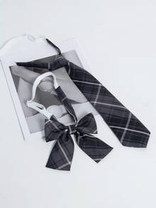 1 Set Classic School Uniform Navy Blue Plaid Tie & Bow Tie Combo - Multicolor - View 1