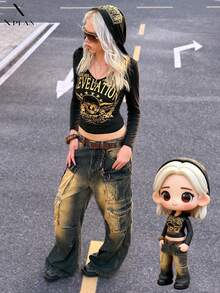 Damska, casualowa, modna, street punkowa koszulka z nadrukiem czaszki i złotych liter, z kapturem i długim rękawem, dopasowana, wiosna/jesień - Czarne - Zobacz 4