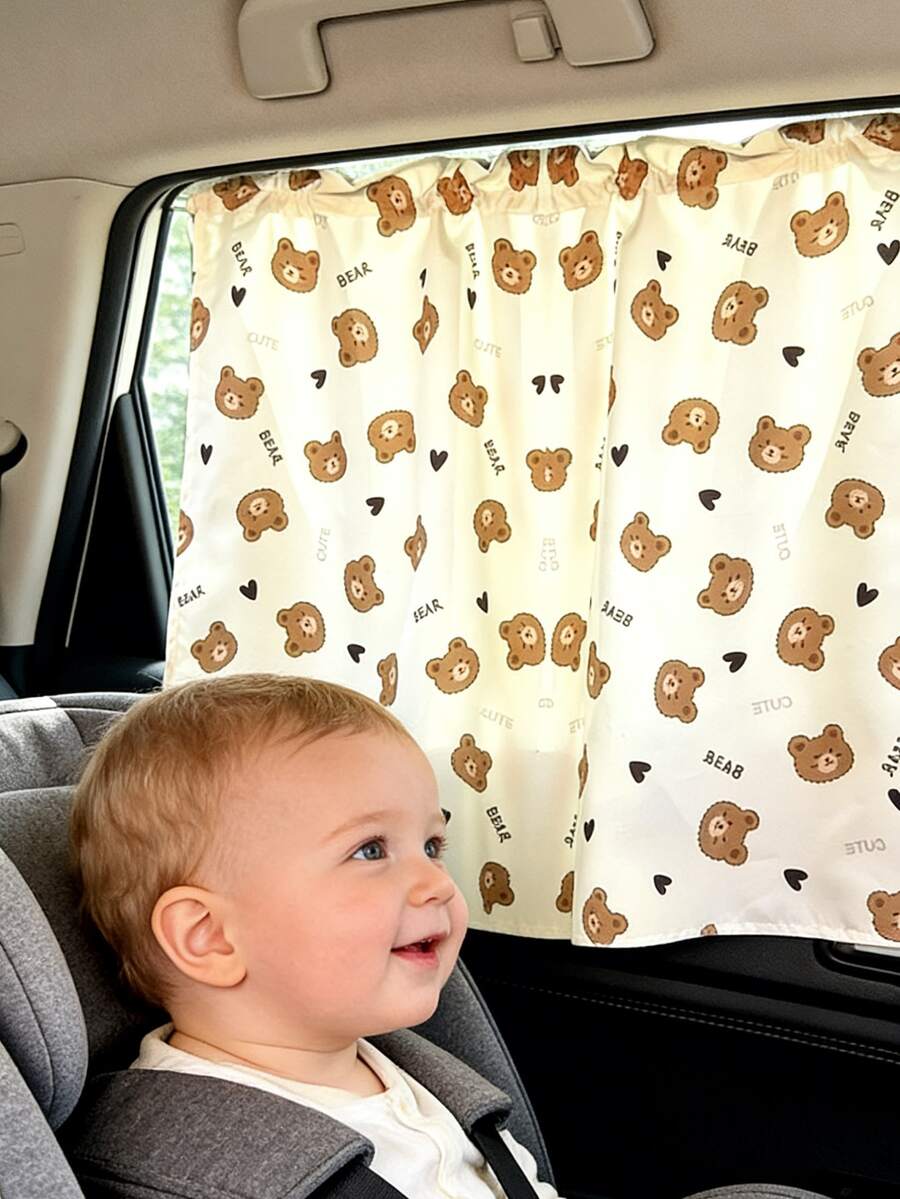 1pc Cute Bear & Dinosaur Pattern Baby Stroller Sun Shade - Suction Cup Side Window Curtain, Effectively Blocks UV And Protects Privacy - Multicolor - View 1