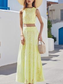 Women's 2 Piece Skirt Outfits Sleeveless O Neck Eyelet Tank Tops Long Flowy Skirt Set - 黃色 - 查看 3