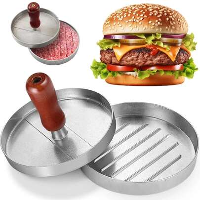Prensa para Hamburguesas Antiadherente Molde Metálico Mango de Caoba Acabado Esmerilado Apta para Parrilla Al Aire Libre para Hamburguesas de Carne Queso Verduras
