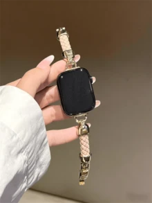 This Woven Leather Watch Band Is Compatible With Watch Case Sizes Of 38/40/41/42/44/45/46/49mm, And Is Suitable For Ultra/SE10/9/8/7/6/5/4/3/2/1 Series Watch Bands. - Pink Gold - View 2