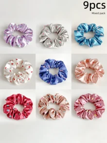 9/3/1件装水晶缎面印花大号发圈，欧美小号心形弹力发圈