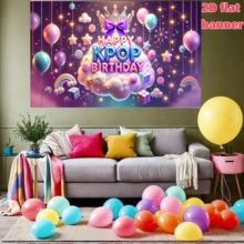 1pc 2D K-Pop Themed Birthday Celebration Backdrop Curtain, Made Of Polyester Fabric, Suitable For Living Room, Bedroom, Office, Birthday, Anniversary, Home Decor, Indoor/Outdoor Party, Photography Background, K-Pop Themed Birthday Party Supplies - Multicolor - View 5
