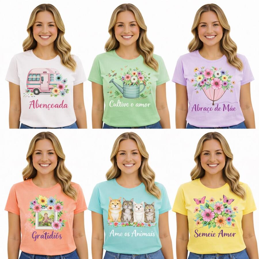 Kit 4 Blusas Feminina T-shirt Manga Curta Gola Redonda Malha Premium Sortidas - Multicolorido - Visão 1