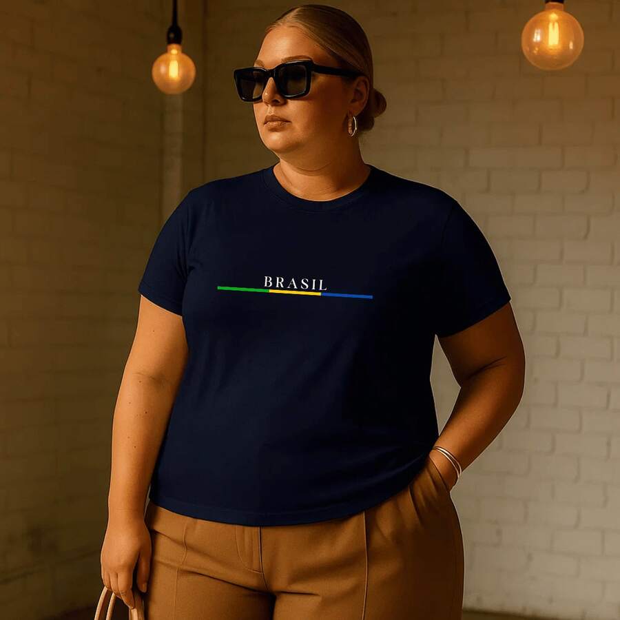 Women's Plus Size Printed T-Shirt Brazil Cup Brazilian Championship 100% Premium Cotton Summer Gym Workout Blouse Brazilian Shirt - 藏蓝色 - 查看 1