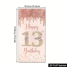 2D Flat Happy 13th Birthday Hanging Flag, Rose Gold Birthday Party Decor, Vertical Fabric Banner, Birthday Party Decorations - Pink - View 6