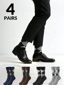 4/2/1 双装男士袜子，经典菱格纹英伦风加长男士中筒袜，商务男士袜子