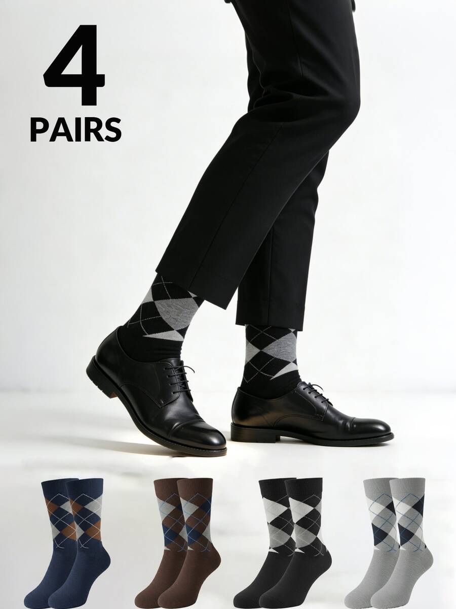 4/2/1 双装男士袜子，经典菱格纹英伦风加长男士中筒袜，商务男士袜子