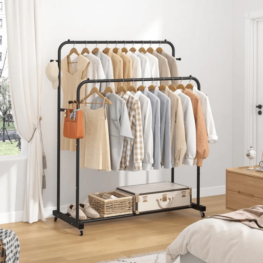 Adjustable Double Rod Clothing Organizer With Wheels And 4 Hooks – Mobile Garment Rack For Hanging Apparel, Multi-Use Closet Solution For Bedroom Storage - 黑色 - 查看 1