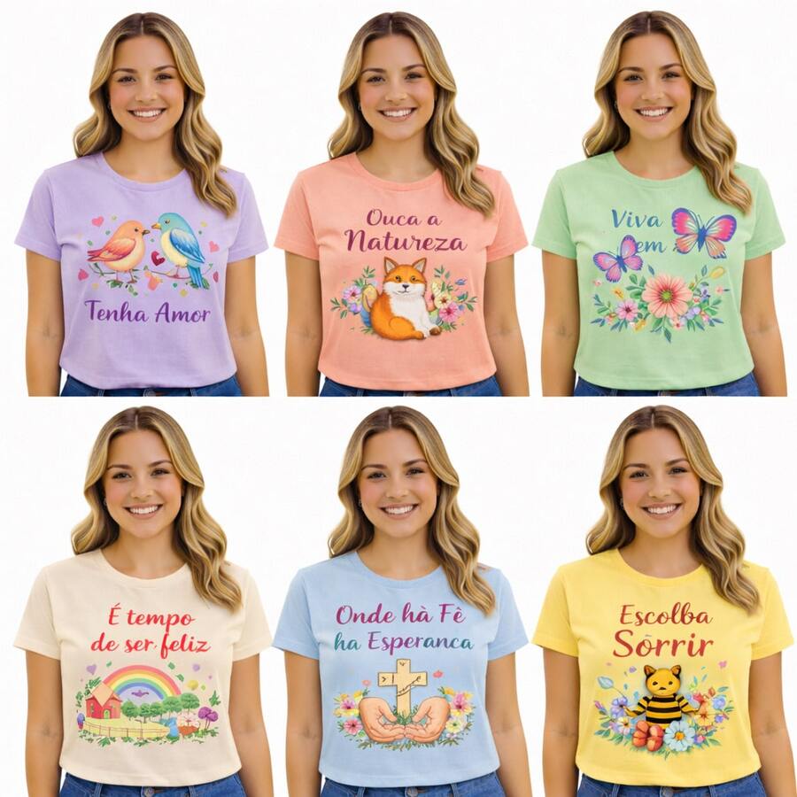 Kit 3 T-shirt Feminina Manga Curta Sortidas Básicas Casuais Malha Premium - Multicolorido - Visão 1