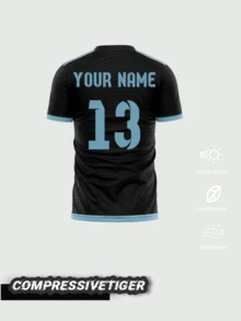 1pc Customized Black & Light Blue Personalized T-Shirt - Unique "JUL" Hand Gesture Design, Customizable Name & Number, Premium Fabric, Soccer/Fan Tee, High-Quality Custom Sportswear, Valentine's Day Gift - Black - View 2
