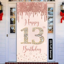 2D Flat Happy 13th Birthday Hanging Flag, Rose Gold Birthday Party Decor, Vertical Fabric Banner, Birthday Party Decorations - Pink - View 5