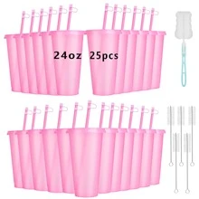 KAFUFU 25 Pcs Reusable Cups With Lids And Straws 24 Oz Glitter Iced Coffee Tumbler Plastic Travel Mug Cup For Smoothie Juices Birthday Sleepover Party Supplies For Girls(25,Light Pink) - 淺粉紅色 - 查看 1