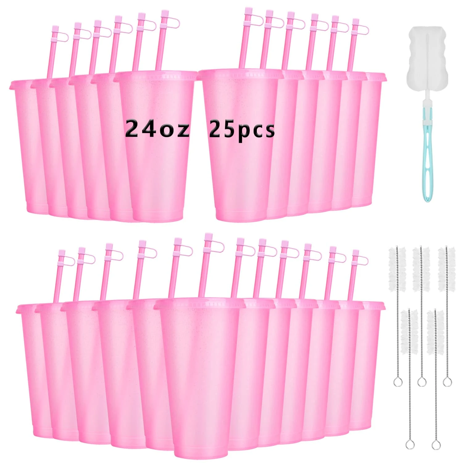 KAFUFU 25 Pcs Reusable Cups With Lids And Straws 24 Oz Glitter Iced Coffee Tumbler Plastic Travel Mug Cup For Smoothie Juices Birthday Sleepover Party Supplies For Girls(25,Light Pink) - 淺粉紅色 - 查看 1