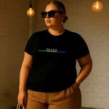 Women's Plus Size Printed T-Shirt Brazil Cup Brazilian Championship 100% Premium Cotton Summer Gym Workout Blouse Brazilian Shirt - 黑色 - 查看 1