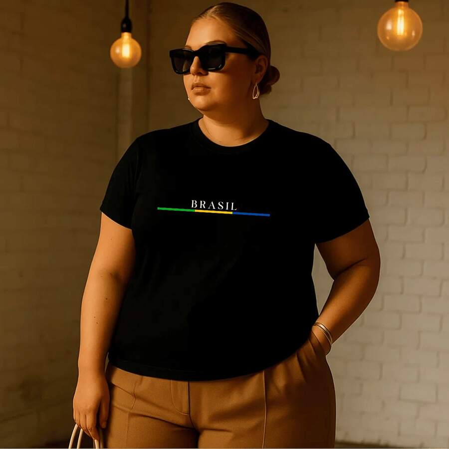 Women's Plus Size Printed T-Shirt Brazil Cup Brazilian Championship 100% Premium Cotton Summer Gym Workout Blouse Brazilian Shirt - 黑色 - 查看 1