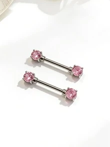 2pcs Sexy Pink Zirconia Heart, Butterfly, Flower Barbell Nipple Rings Stainless Steel Piercing Jewelry - Pink - View 3