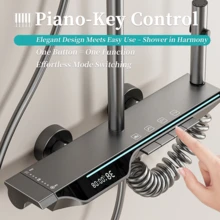12-Inch Rain Shower Head & Handheld Shower Combo Set With Digital Temperature Display, Wall-Mounted Rainfall Shower System With Piano Keys - Light Grey - View 2