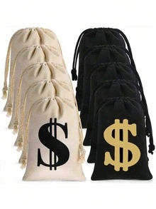 1pc Black Gold Foil 27*35cm Canvas Bag With Dollar Sign, Drawstring Coin Purse, Small Tote Bag With Dollar Print, Drawstring Bag With Printed Logo, Suitable For Daily And Holiday Use - Multicolor - View 7