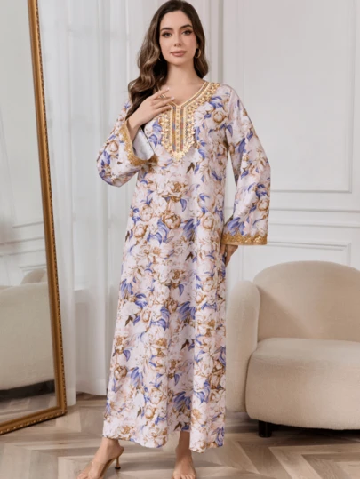 女士花卉印花钩编拼接长袖连衣裙，优雅A字卡夫坦长袍，适合晚宴、婚礼宾客、周年纪念、日常穿着