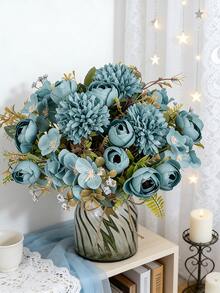 1pc Artificial Rose, Chrysanthemum & Mixed Flower Bouquet, Bridal Wedding Decor, DIY Wreath Materials, Birthday Party, Home Decor, Vase Filler, Outdoor Garden, Spring Decoration, New Year Gift - Blue - View 6