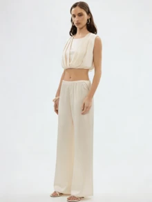 Women's Satin Silk Wide Leg Pants Low Waist Baggy Pants Lounge Bottoms Streetwear - 米色 - 查看 8