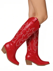 Women's Western Boots Spring Chunky Heel Boots Classic Embroidery Pointed Toe Boots Pull On Western Style Cowgirl Boots Cowboy Boots Outdoor Shoes For Women's Knee High Boots - 紅色 - 查看 6