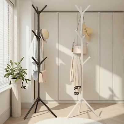 1 Piece Space-Saving Foldable Multi-Hook Clothes Rack, Standing Coat Rack, Plastic Freestanding Entryway Storage Rack, Modern Minimalist Design, Suitable For Bedrooms, Living Rooms, Hallways, Black And White Modern Design Clothes Rack With Storage Basket, Lightweight And Portable, Home Organization, Multi-Functional Hooks, Dormitory Decoration, Best-Selling In 11 Countries, Load Capacity Up To 2.27 Lbs.