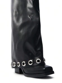 Women's New Fashionable Punk Mid Calf Boots Ladies Knee High Goth Boots ALL Season Outdoor Footwear - màu đen - Xem 8