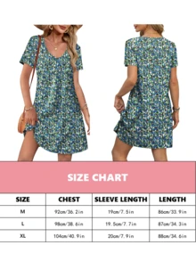 Ladies' Print V-Neck Casual Relaxed And Comfortable Dress For Summer, Short Sleeve Casual Loose T Shirt Sundress Beach Cover Ups With Pockets. L-2XL - 黑色 - 查看 2