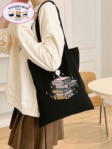卡通书印花时尚帆布手提包书包，容量大，轻便，便携，适合少女、女大学生，非常适合返校、大学、初中、高中 - 黑色 - 查看 3