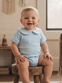 Baby Boy Girl Bubble Romper Infant Short Sleeve Collar Romper Oversize T-Shirt Cotton Bodysuit Top - Màu xanh lam - Xem 3