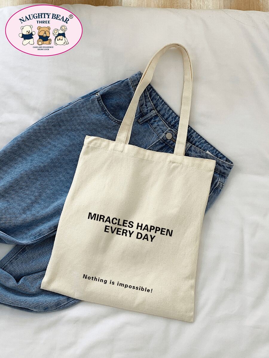 Slogan Graphic Canvas Shopper Bag School Bag For Graduate, Teen Girls, Freshman, Sophomore, Junior & Senior In College, University & High School, Perfect For Outdoors ,Travel & Back To School - Beige - View 1