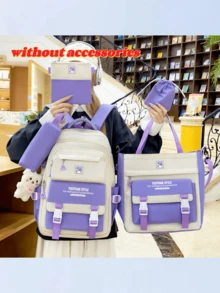 Bộ 5 chiếc balo thời trang đi học kiểu dáng cổ điển đơn giản, phối màu tương phản dễ thương, dung tích lớn, phù hợp cho nhiều dịp khác nhau. - Màu tím - Xem 2