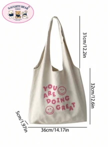 1 chiếc túi vải tote dành cho nữ có in hình mặt và chữ, hoàn hảo để mua sắm, nhẹ, di động, sức chứa lớn, phù hợp cho nữ sinh trung học, sinh viên đại học, hoàn hảo cho ngày tựu trường, đại học, trung học cơ sở, trung học phổ thông - Màu be - Xem 5