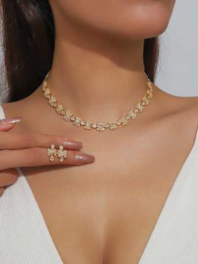 3pcs Luxury Zirconia Geometric Design Necklace, Earrings Jewelry Set, Suitable For Women Daily, Commute, Bride, Party, Elegant, Versatile, High-End Accessories