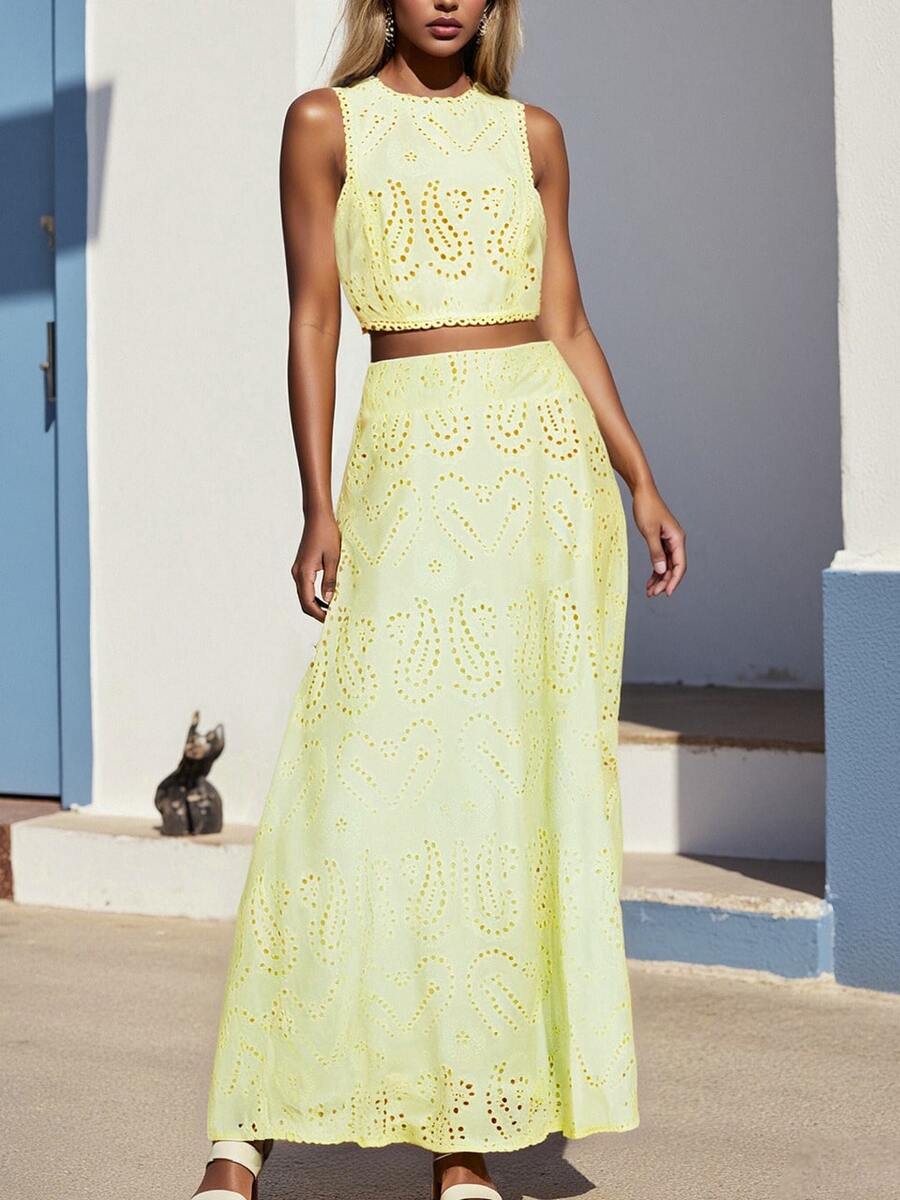 Women's 2 Piece Skirt Outfits Sleeveless O Neck Eyelet Tank Tops Long Flowy Skirt Set - 黃色 - 查看 1