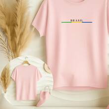 Women's Plus Size Printed T-Shirt Brazil Cup Brazilian Championship 100% Premium Cotton Summer Gym Workout Blouse Brazilian Shirt - 淺粉色 - 查看 4