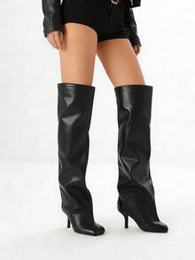 Over Knee Boot Square Toe Kitten Heel Stiletto Heeled Boots For Woman Suede Wide Calf Long Boots Heeled Slouchy Formal Shoes Winter Tall Boots For Women - 黑色B - 查看 6