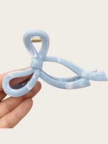 1pc Spring/Summer Boho Style Sweet Light Blue & White Marble Bowknot Daisy Square Hair Clip, Beach Hair Accessory, Autumn/Winter - Blue Bow - View 6